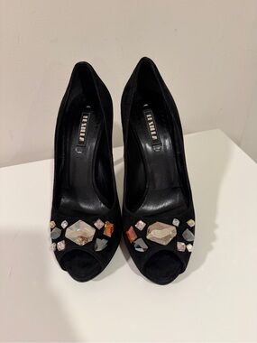 Le Silla Black Suede Crystal Embellished Peep Toe Stiletto Heels EU 36